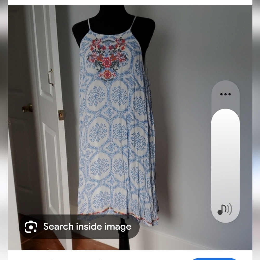 THML Blue and White Sleeveless Dress with Colorful Floral Embroidery